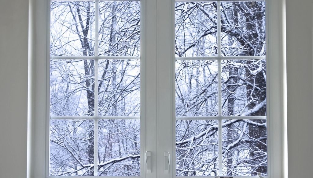 Winter scene through glass paned window.
