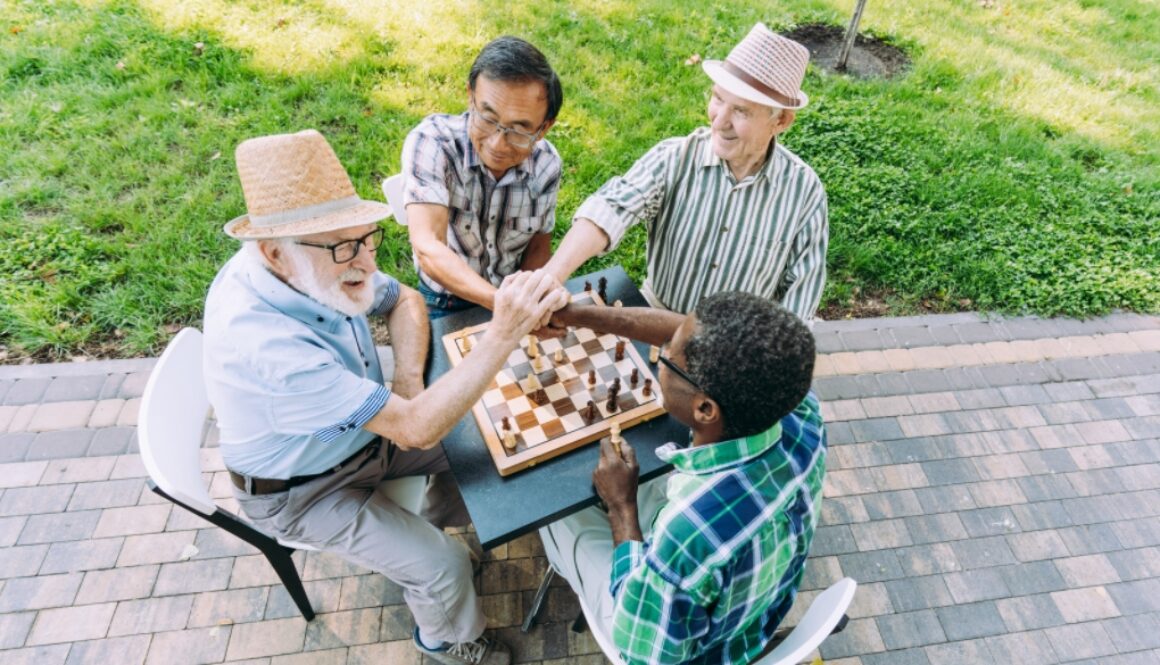 A group of active seniors bonding over the summer fun activity of chess.