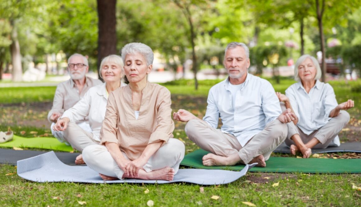 A group of elderly individuals that meditate together outside on yoga mats.