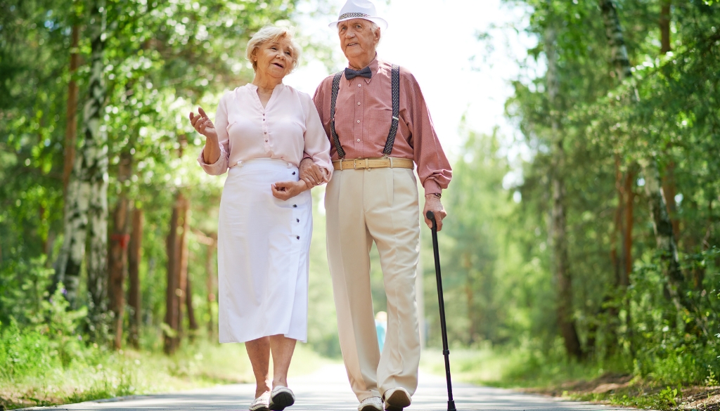 An elderly couple walking through a forest in Spring.