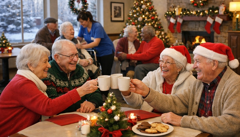 Elderly nursing home residents celebrate the holidays with a warm drink as a decorated Christmas tree, fireplace, and snowy winter scene create a cozy setting.