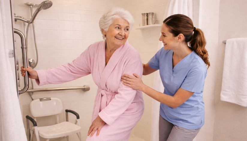 A caregiver helps an elderly woman step safely into a walk-in shower using a grab bar.