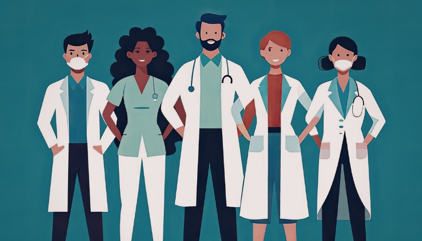 Cartoon graphic of doctors, nurses, and healthcare professionals