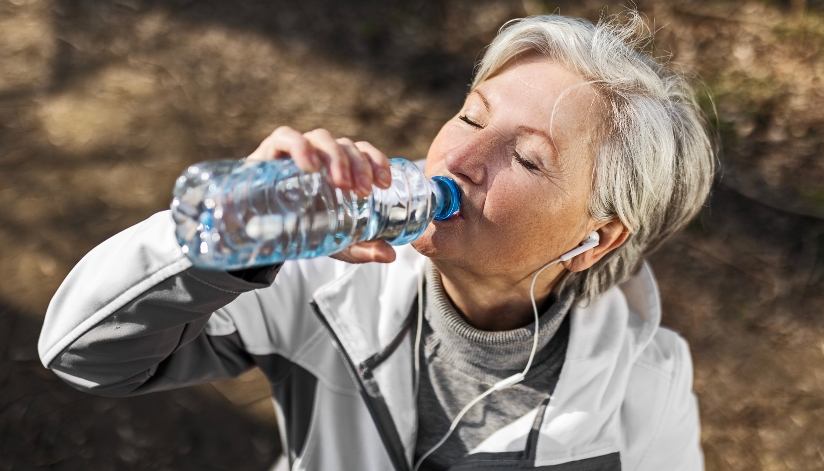 Older woman focuses on her summer hydration by drinking a bottle of water.